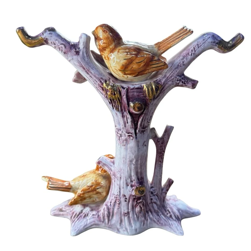 Vintage Ucagco Japan Ceramic Bird Tree Figurine MCM Cottagecore Gold Accent